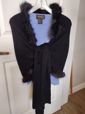 Faux Fur Black Knit Shawl or Wrap For Women